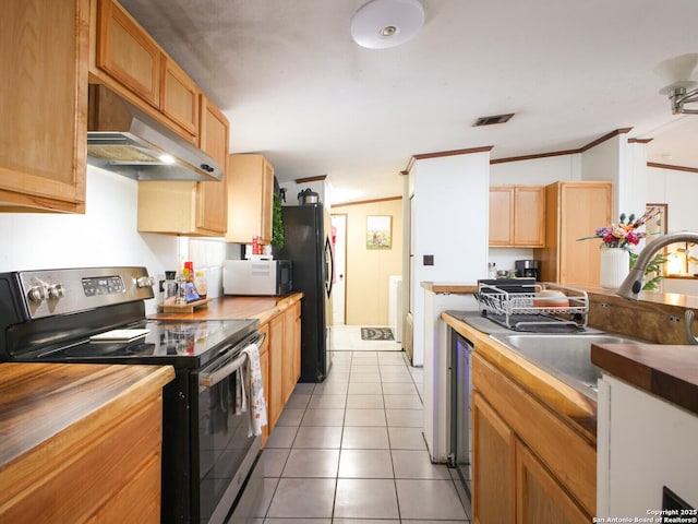 kitchen featuring under cabinet range hood, a sink, ornamental molding, freestanding refrigerator, and stainless steel range with electric stovetop