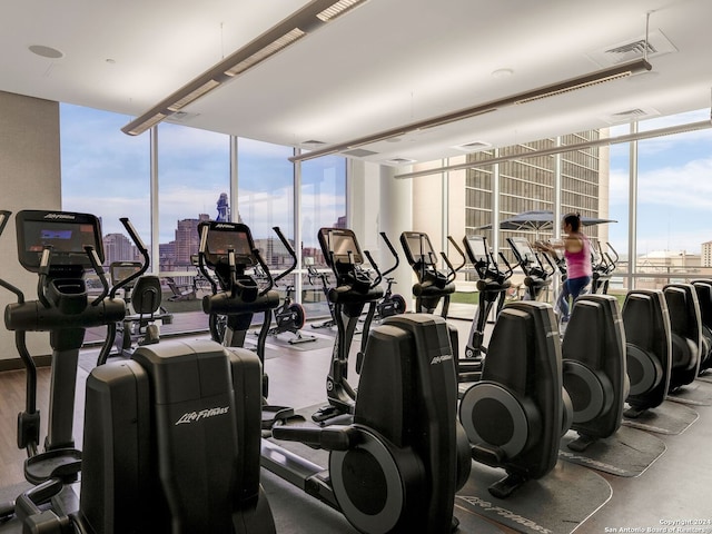 workout area featuring expansive windows