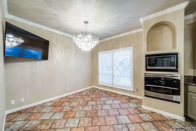 unfurnished dining area with an inviting chandelier and ornamental molding