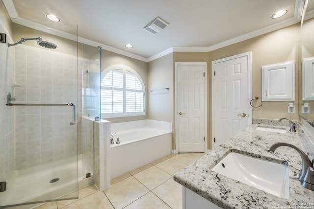 bathroom featuring tile patterned flooring, vanity, ornamental molding, and independent shower and bath