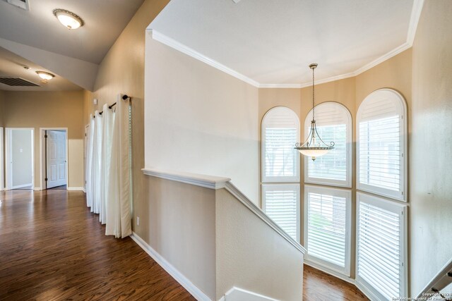 hall with crown molding, plenty of natural light, and dark hardwood / wood-style floors