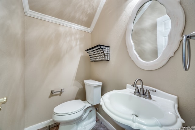 bathroom with toilet, ornamental molding, and sink