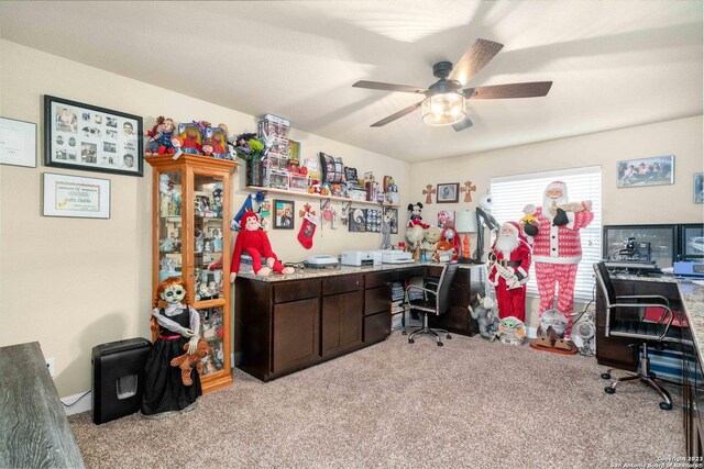 office space featuring light colored carpet and ceiling fan