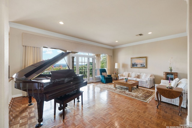 living room featuring parquet floors and ornamental molding