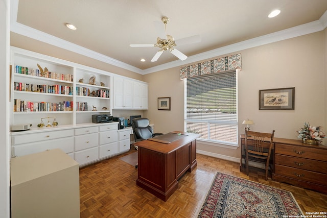 home office featuring parquet floors, ceiling fan, and ornamental molding