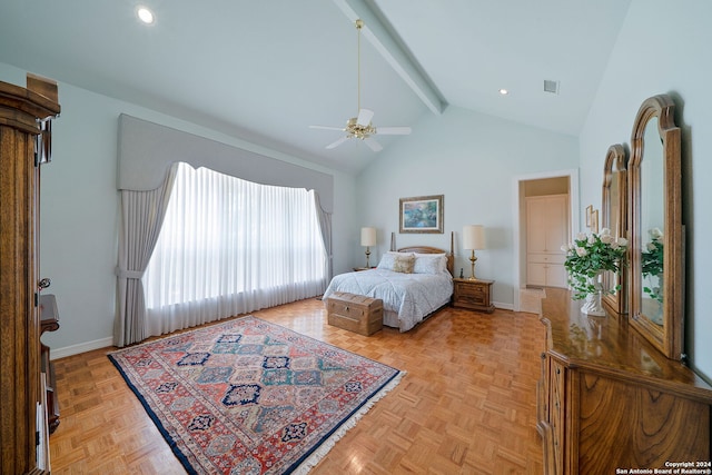 bedroom featuring light parquet floors, high vaulted ceiling, beam ceiling, and ceiling fan