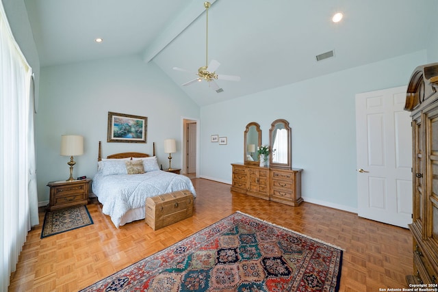 bedroom featuring high vaulted ceiling, ceiling fan, parquet flooring, and beamed ceiling