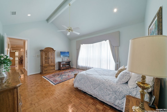 bedroom with parquet floors, ceiling fan, high vaulted ceiling, and beam ceiling