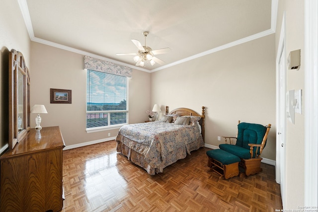 bedroom with parquet floors, crown molding, and ceiling fan