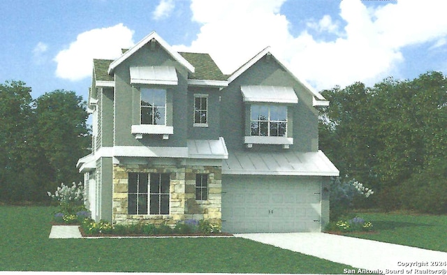 craftsman-style house featuring a garage and a front lawn