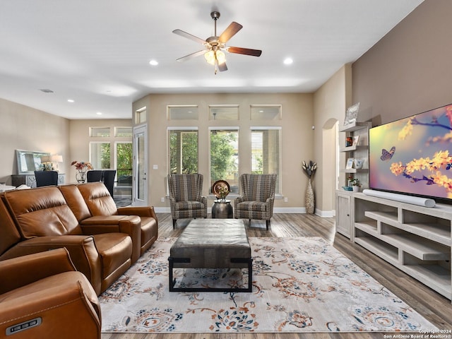 living room with ceiling fan and wood-type flooring