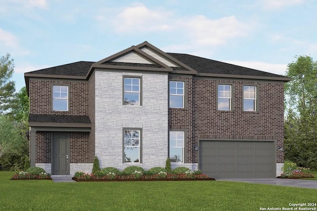 14434 Costa Leon, San Antonio, TX 78245 - view of front facade featuring brick siding, a front yard, driveway, stone siding, and an attached garage