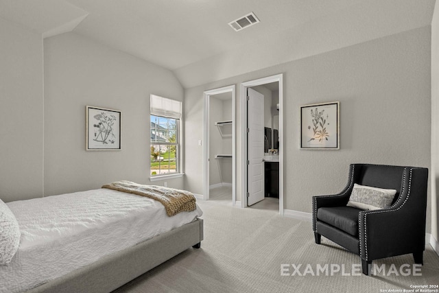 carpeted bedroom with ensuite bath, vaulted ceiling, and a spacious closet