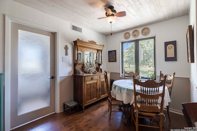 dining room featuring wooden ceiling, dark hardwood / wood-style flooring, and ceiling fan