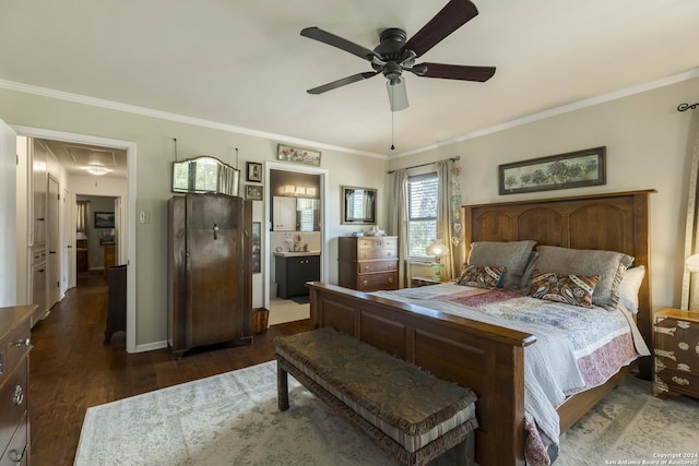 bedroom with attic access, baseboards, dark wood-style floors, ceiling fan, and ornamental molding