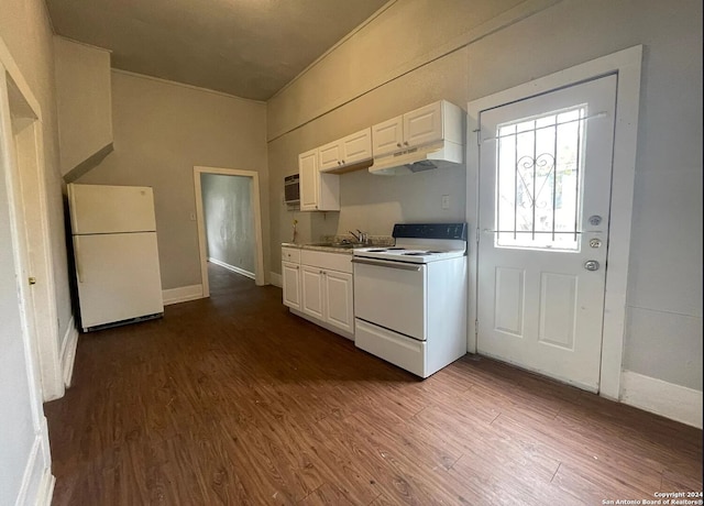 kitchen featuring white appliances, dark hardwood / wood-style floors, white cabinets, and sink