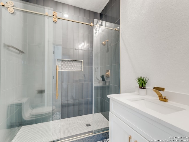 bathroom featuring vanity and a shower with door