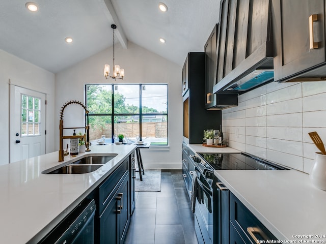 kitchen with vaulted ceiling with beams, sink, backsplash, electric range, and an inviting chandelier