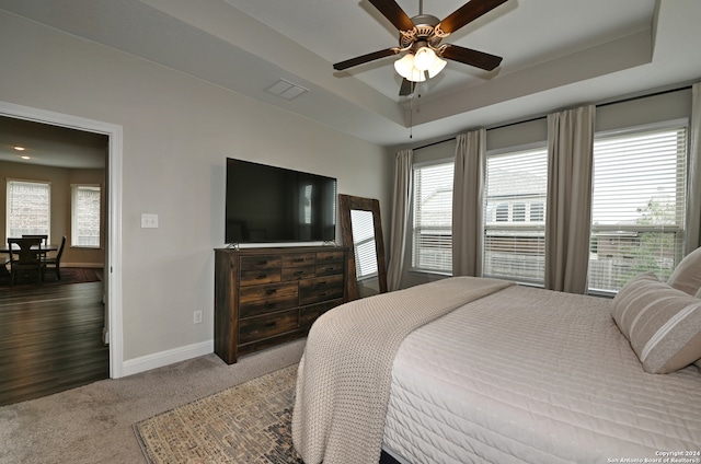 carpeted bedroom with a raised ceiling and ceiling fan