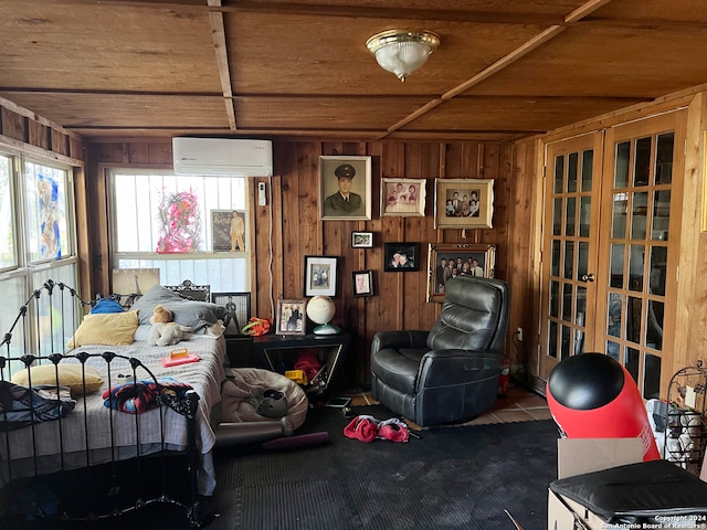 interior space featuring a wall mounted AC, wood ceiling, and wooden walls