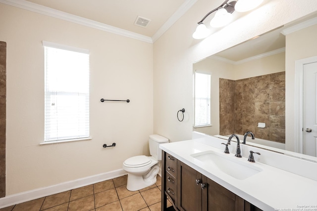 full bathroom featuring tile patterned flooring, visible vents, baseboards, ornamental molding, and vanity