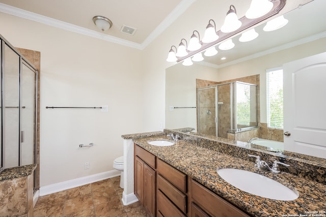 full bathroom featuring crown molding, vanity, separate shower and tub, and toilet