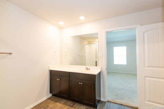 bathroom with vanity and wood-type flooring