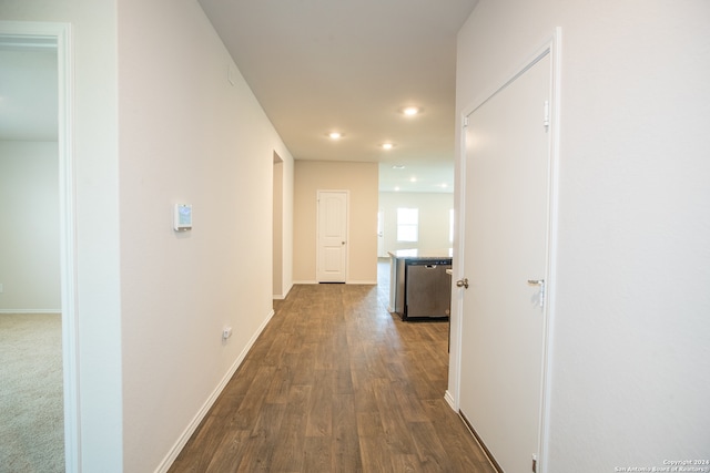 hall featuring dark wood-type flooring