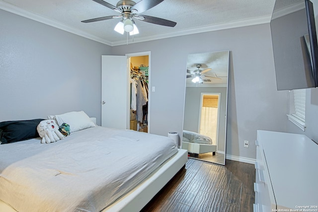 bedroom with ornamental molding, dark hardwood / wood-style flooring, a spacious closet, and ceiling fan