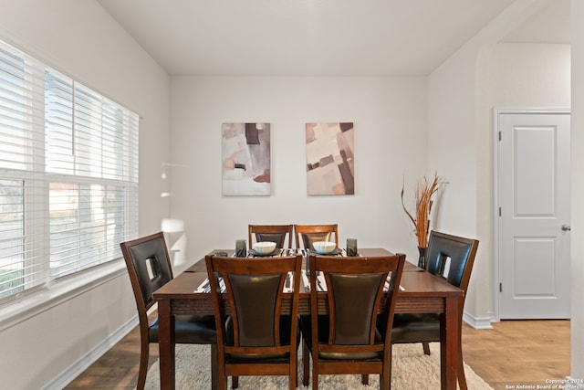 dining area featuring a wealth of natural light and light hardwood / wood-style flooring