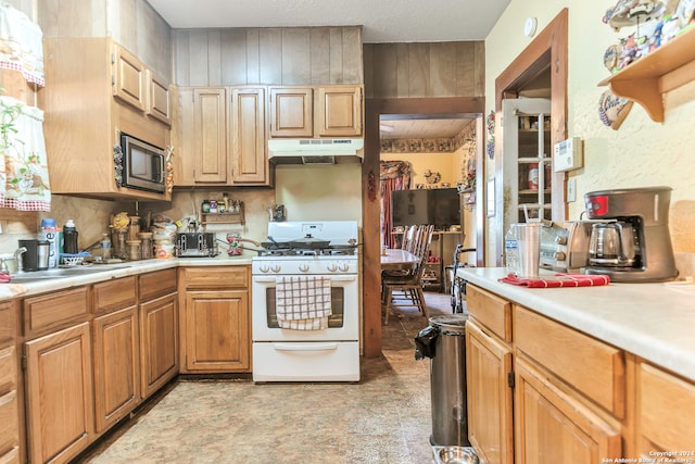 kitchen featuring white gas range, sink, and stainless steel microwave