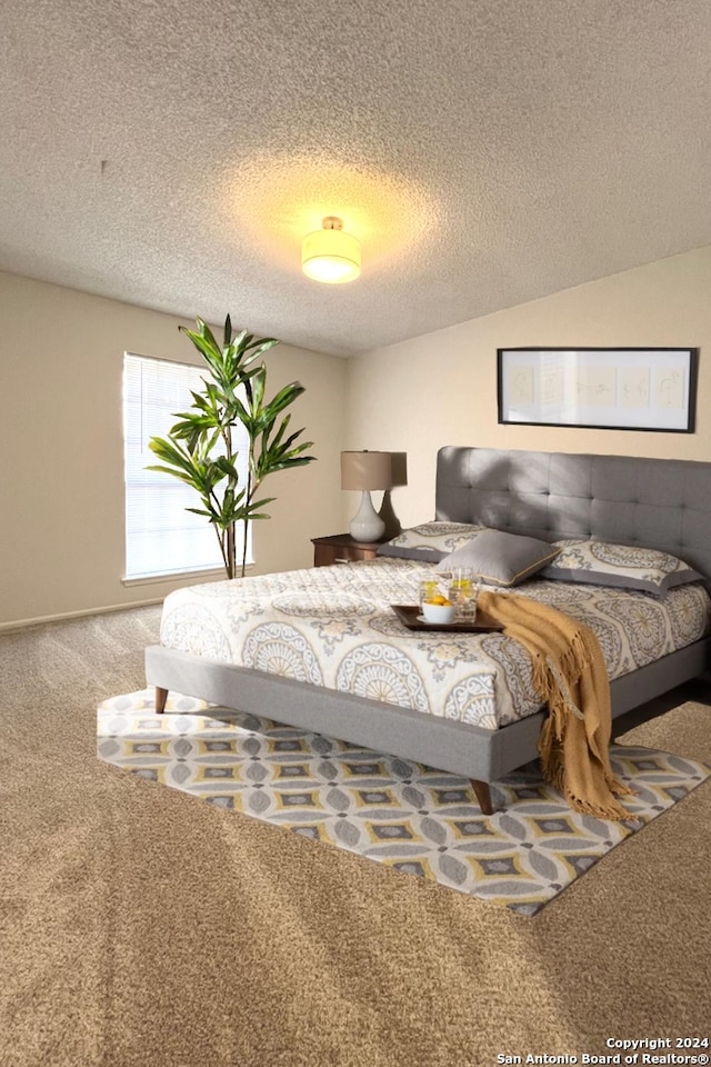 carpeted bedroom with a textured ceiling