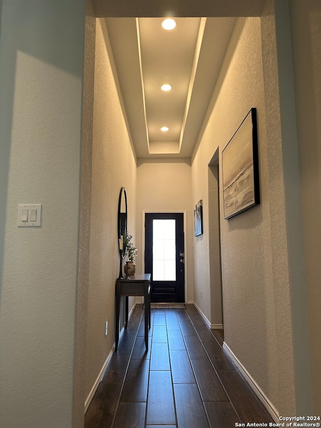 doorway with a raised ceiling and dark hardwood / wood-style flooring