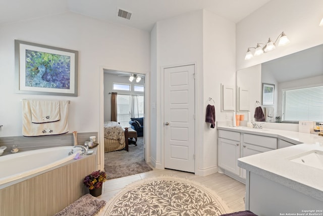 bathroom with vanity, a healthy amount of sunlight, ceiling fan, and a washtub