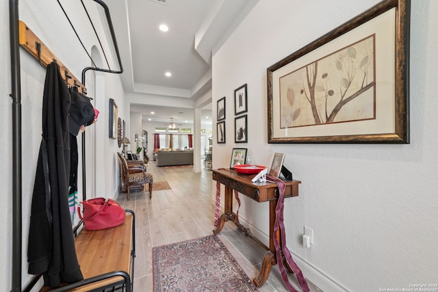 entrance foyer featuring ceiling fan and light hardwood / wood-style flooring