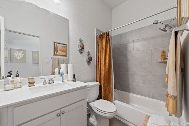 full bathroom featuring vanity, toilet, and shower / bathtub combination with curtain