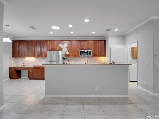 kitchen featuring ornamental molding, backsplash, light tile patterned floors, a center island, and hanging light fixtures