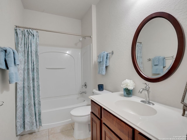 full bathroom with vanity, toilet, tile patterned floors, and shower / bathtub combination with curtain