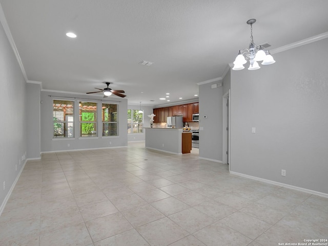 12526 Rapids Pass, San Antonio, TX 78253 - unfurnished living room with a chandelier, ornamental molding, ceiling fan, baseboards, and recessed lighting