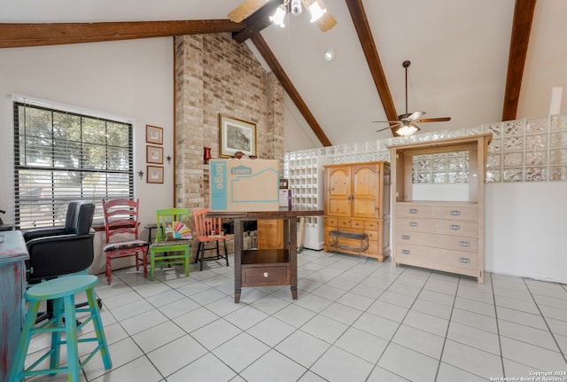 interior space featuring high vaulted ceiling, beam ceiling, and ceiling fan