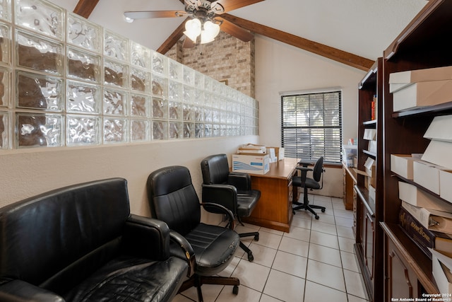 home office with ceiling fan, lofted ceiling with beams, and light tile patterned floors