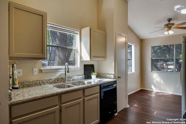 kitchen with dishwasher, sink, light stone countertops, ceiling fan, and lofted ceiling