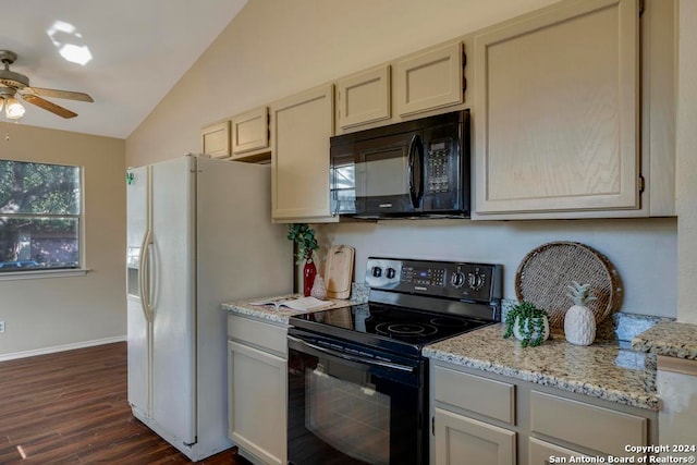 kitchen with vaulted ceiling, light stone countertops, black appliances, dark wood-type flooring, and ceiling fan