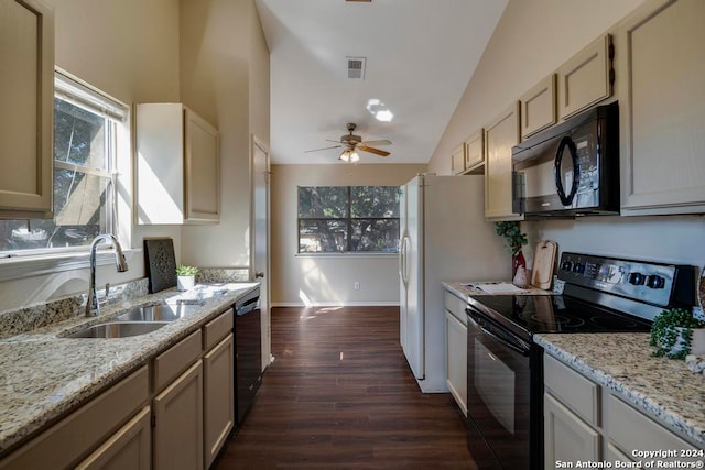 kitchen with black appliances, dark hardwood / wood-style flooring, sink, ceiling fan, and vaulted ceiling