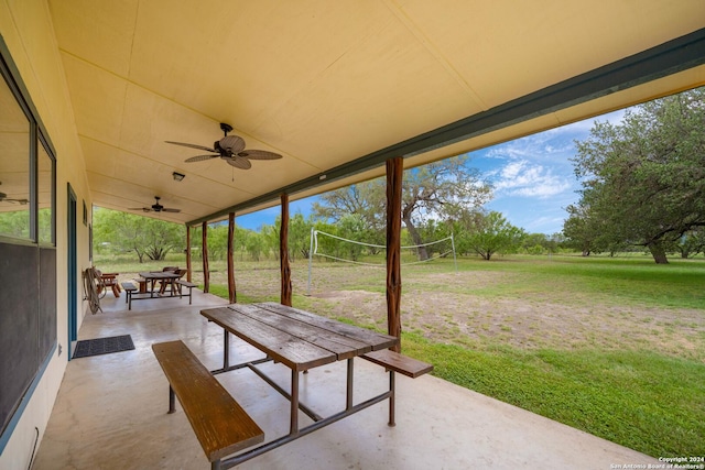 view of patio with volleyball court and ceiling fan