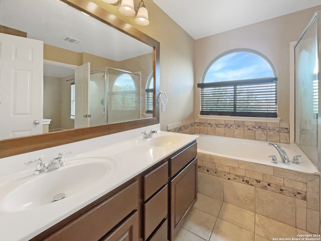 bathroom with vanity, separate shower and tub, and tile patterned floors