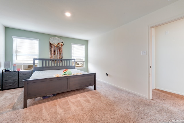 bedroom featuring multiple windows and light carpet