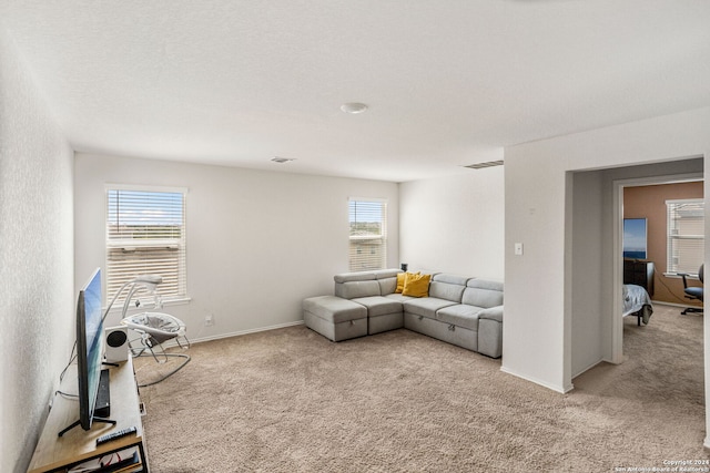 carpeted living room featuring a textured ceiling