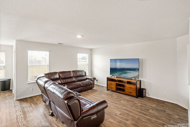 living room with wood-type flooring and a textured ceiling