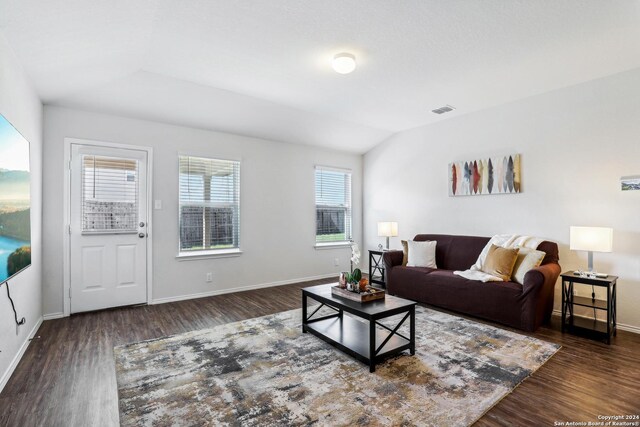 living room with dark hardwood / wood-style floors